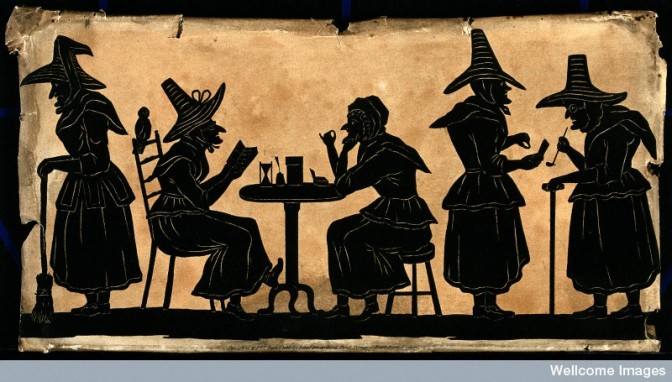 V0048920 Witches: five silhouetted figures.